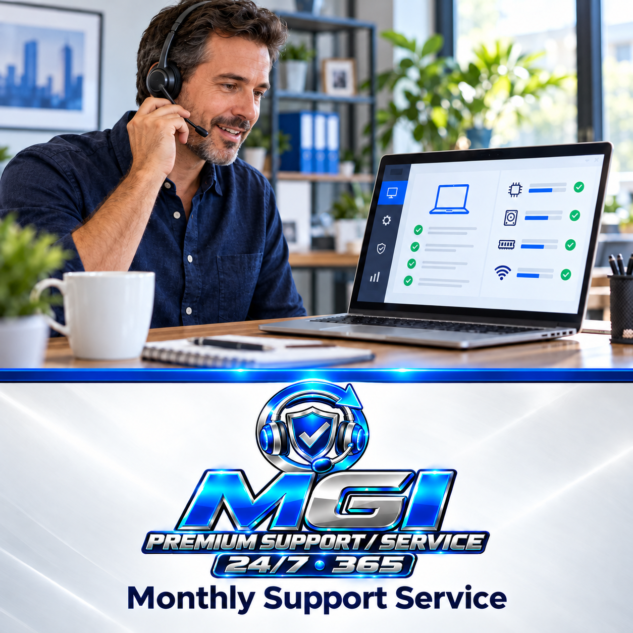 Man with headset at laptop